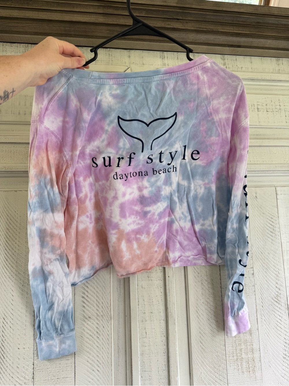 surf style Pastel Tie-Dye Crop Long Sleeve Tee - Pink Blue Peach - Picture 2 of 2
